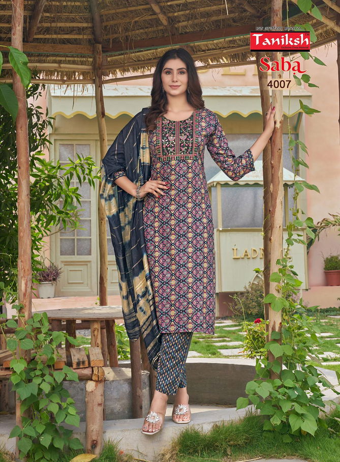 Saba Vol 4 By Taniksh Rayon Foil Printed Kurti With Bottom Dupatta Wholesale Price In Surat
